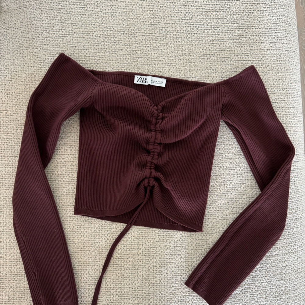 Zara Dark Brown Ribbed Knit Off Shoulder Cropped Ruched Blouse Size Medium